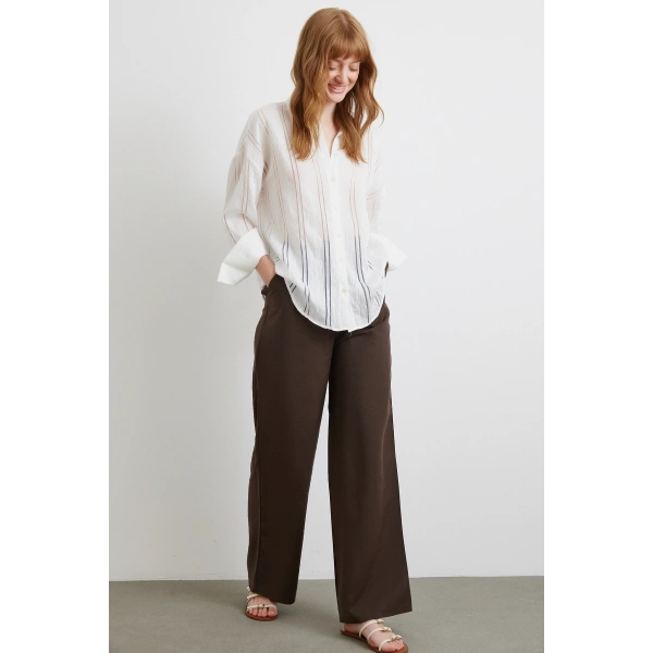 Organze Çizgili Gömlek Ekru