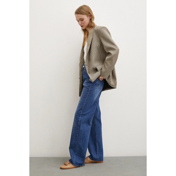 Yüksel Bel Jean Kesik Geniş Paça Mavi