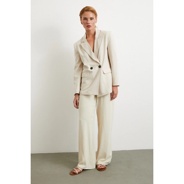 Çift Düğmeli Keten Blazer Ceket Krem