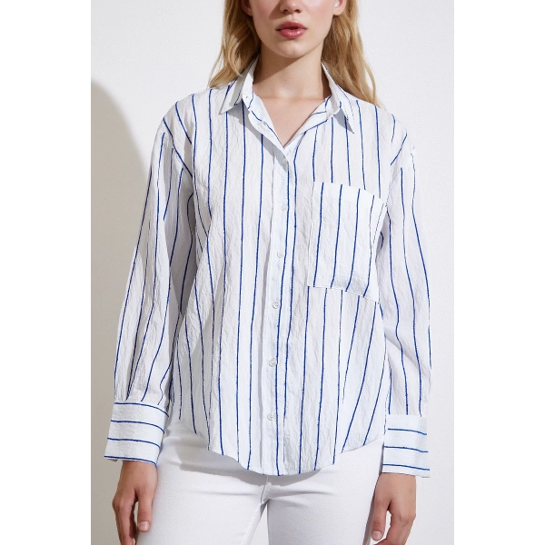 Çizgili Cepli Gömlek Lacivert