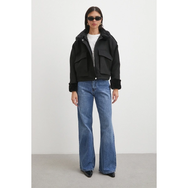 Apoletli Yünlü Körük Cepli Kaşe Mont Siyah