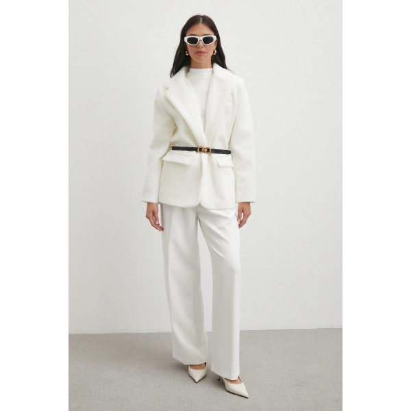 Kemerli Tay Flock Ceket Beyaz