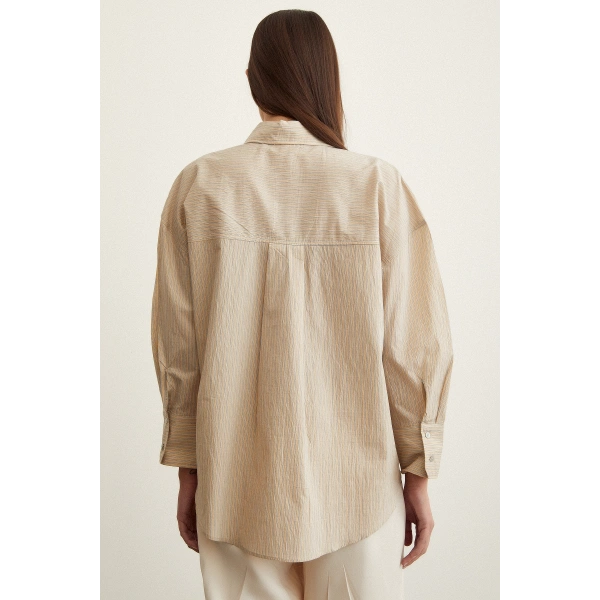 Çizgili Oversize Gömlek Bej