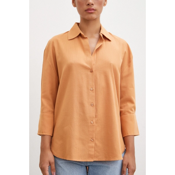 Geniş Manşetli Keten Gömlek Kahve