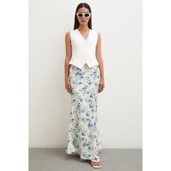 Çiçek Desenli Saten Eten Mavi