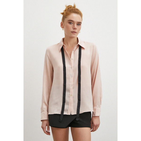 Yaka Bağlamalı Saten Gömlek Pembe