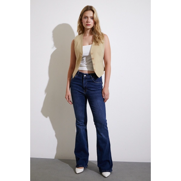 Yüksek Bel İspanyol Paça Jean Koyu Lacivert