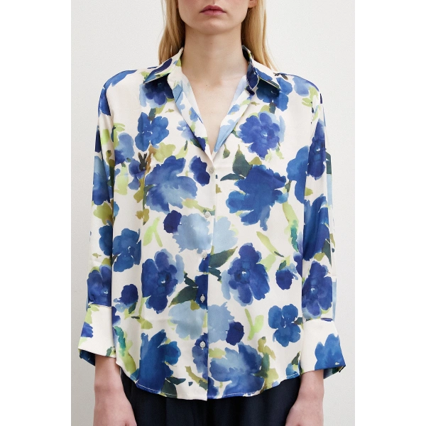 Çok Renkli Çiçek Desenli Gömlek Mavi