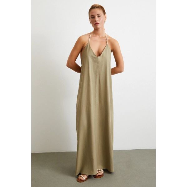 İp Askılı Keten Elbise Haki