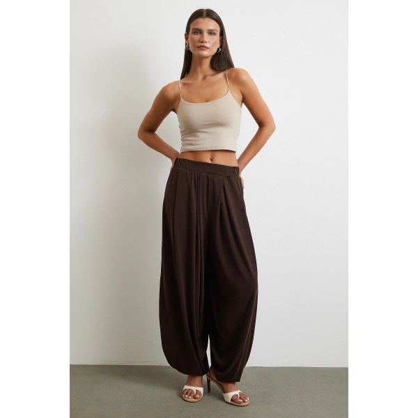Paça Detaylı Şalvar Pantolon Kahve