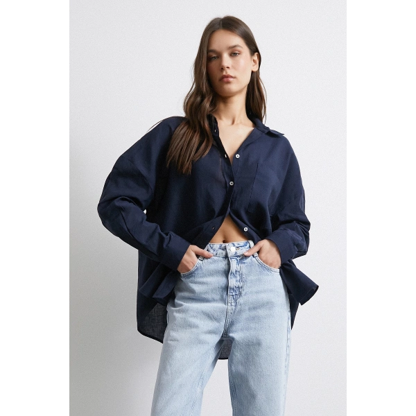 Cepli Oversize Keten  Gömlek Lacivert