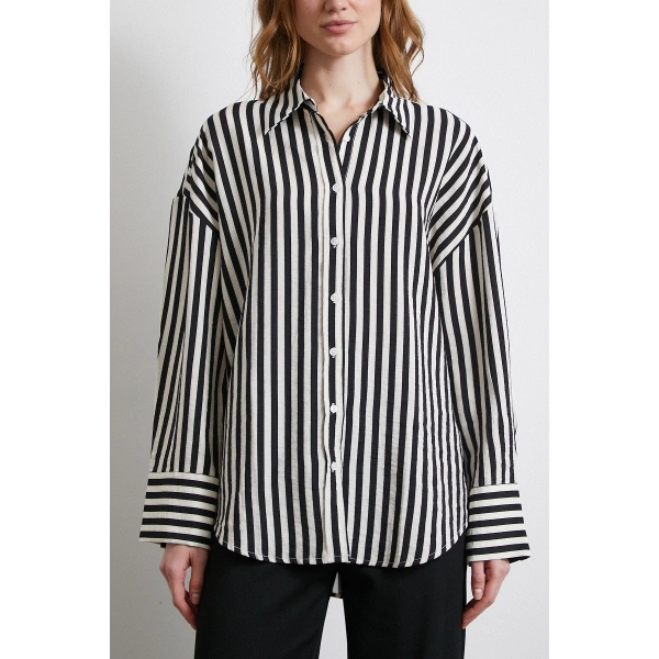 Çizgili T Kol Gömlek Siyah