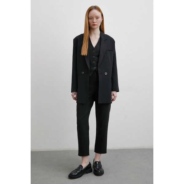 Önü Pensli Skinny Kumaş Pantolon Siyah