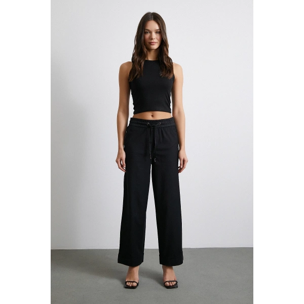 Beli Lastikli Pacası Katlamalı Pantolon Siyah