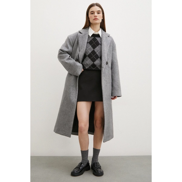 Midi Boy Tüylü Kaban Gri