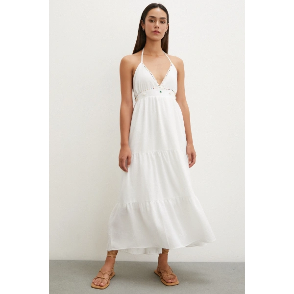 Boncuk Detay Keten Elbise Beyaz