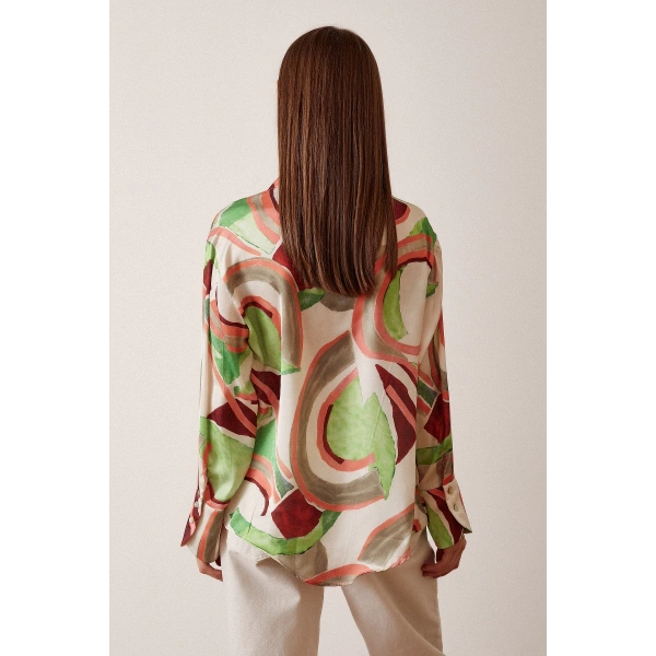 V Yaka Desenli Saten Gömlek Mint