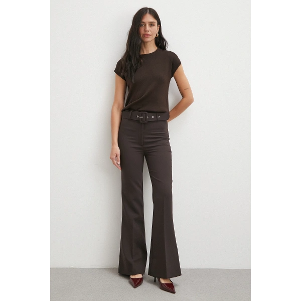 Kemerli İspanyol Paça Pantolon Kahve