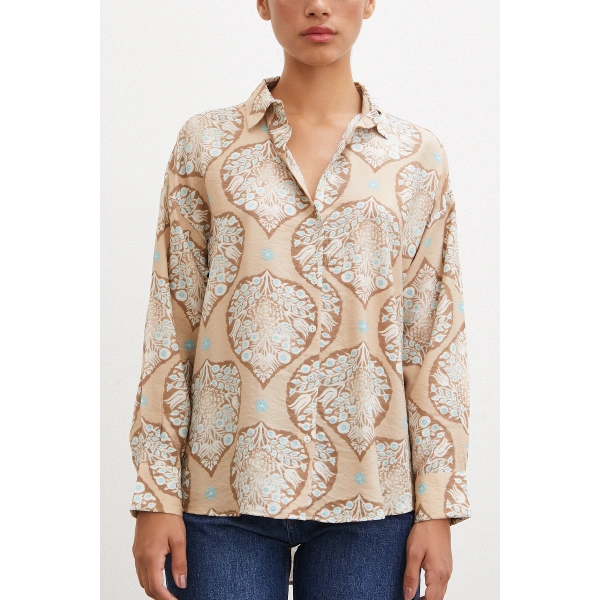 Çini Desenli Modal Gömlek Kahve