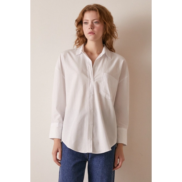 Tek Cepli Pamuklu Gömlek Beyaz