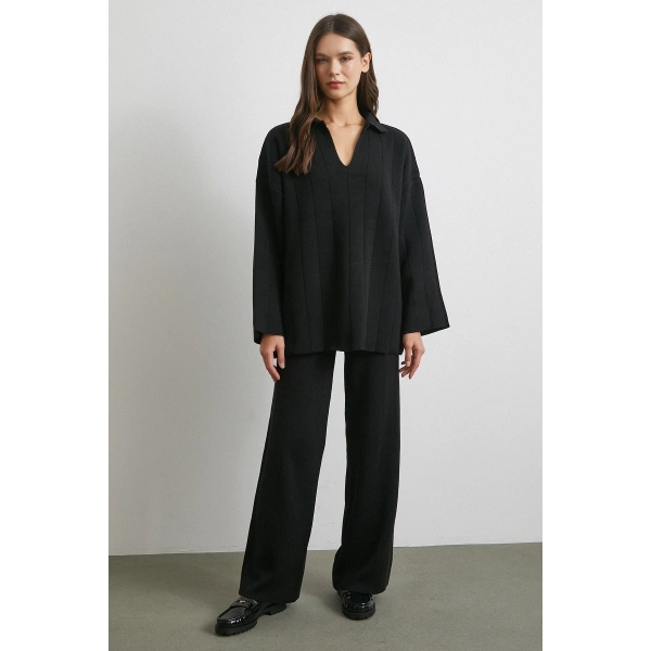 Polo Yaka Pantolonlu Triko Takım Siyah