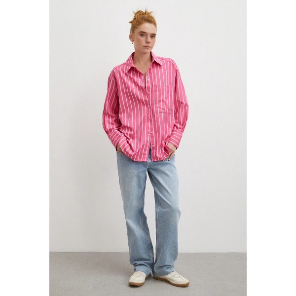 Çizgili Poplin Gömlek Pembe
