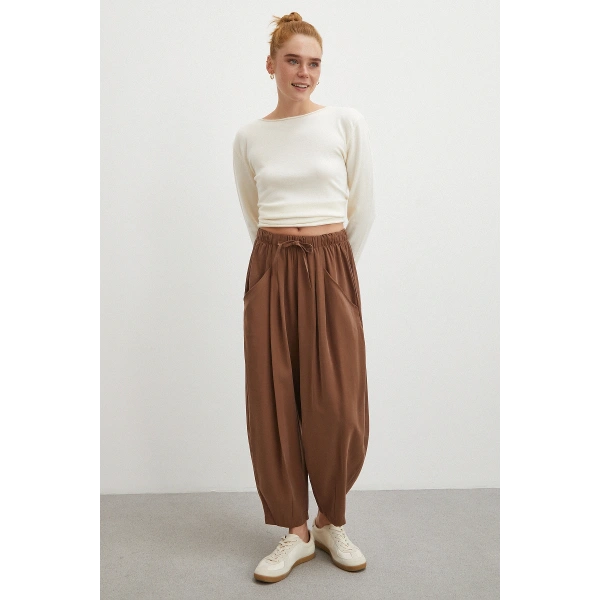 Bağcıklı Beli Lastikli Pileli Pantolon Kahve