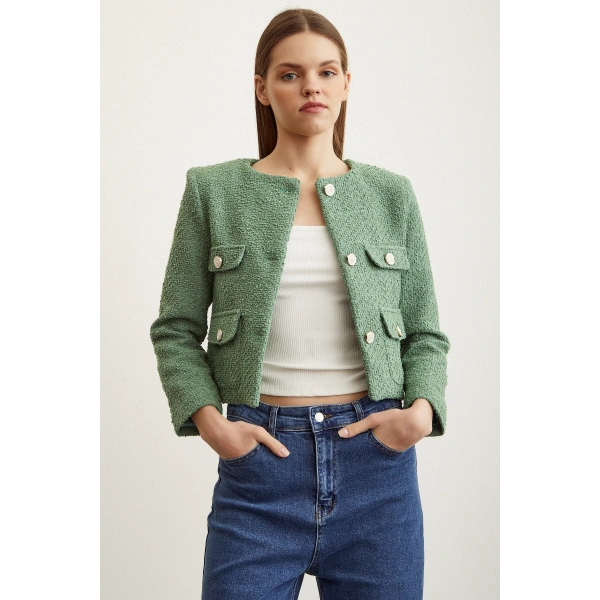 Düğme Detaylı Tüvit Ceket Yeşil