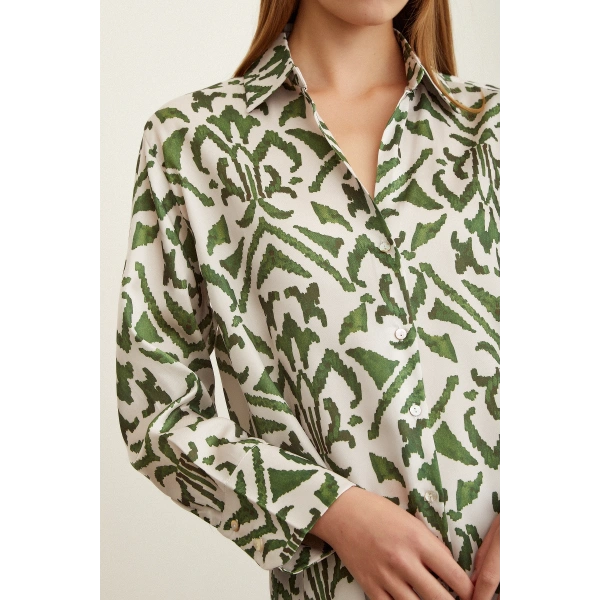 V Yaka Desenli Saten Gömlek Haki