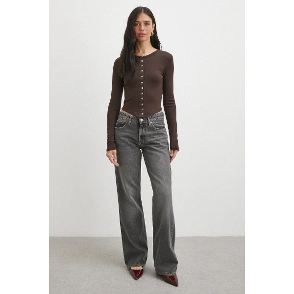 Düğmeli Uzun Kol Bluz Kahve