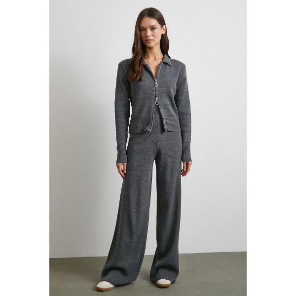 Çift Fermuarlı Hırka Takım Gri