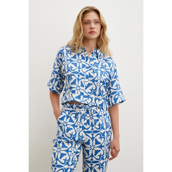 Beli Lastikli Boru Paça Pantolon Mavi