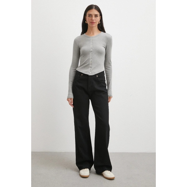 Düğmeli Uzun Kol Bluz Gri