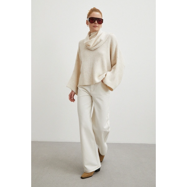 Yüksek Bel Baggy Jean Kırık Beyaz