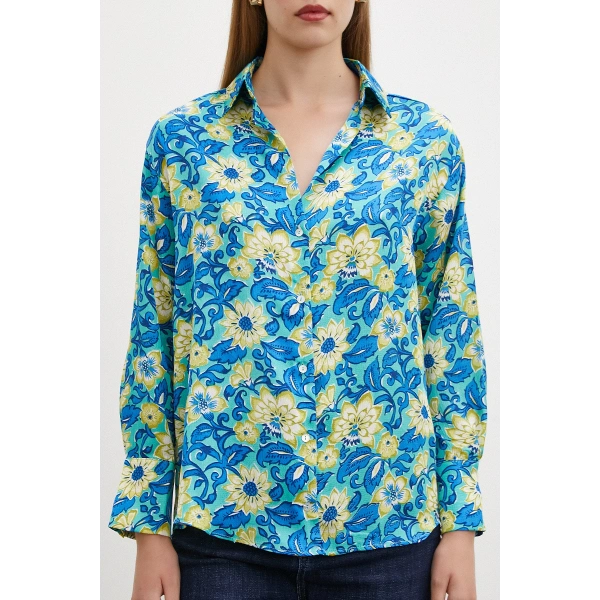 Lotus Desenli Gömlek Mavi