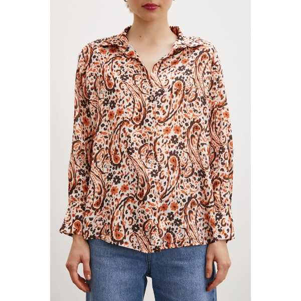 Desenli Gofret Saten Gömlek Oranj