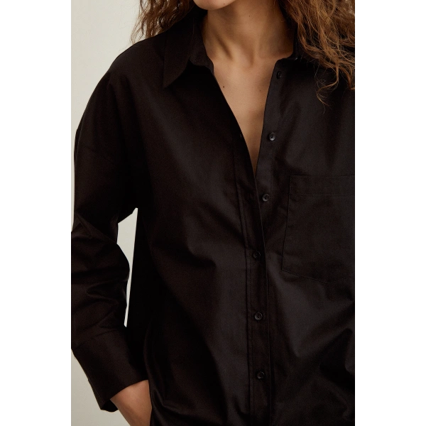 Pamuklu Poplin Gömlek Siyah