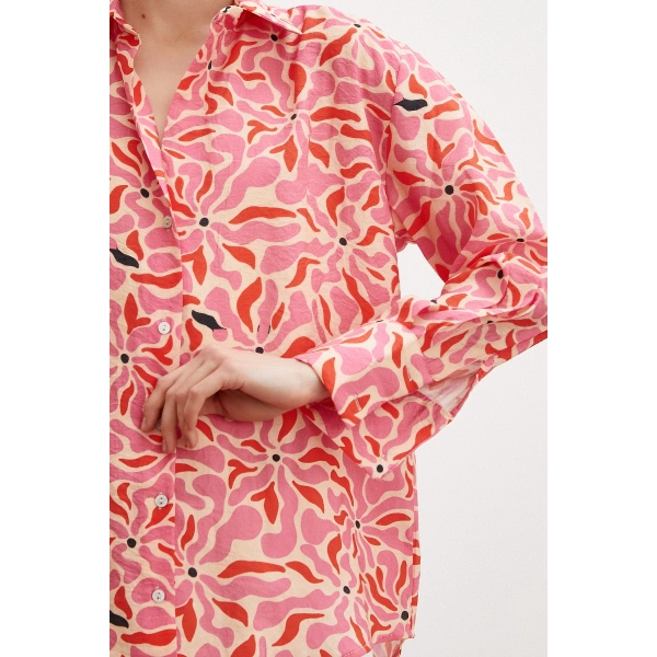 Çiçek Desen V Yaka Modal Gömlek Fuşya