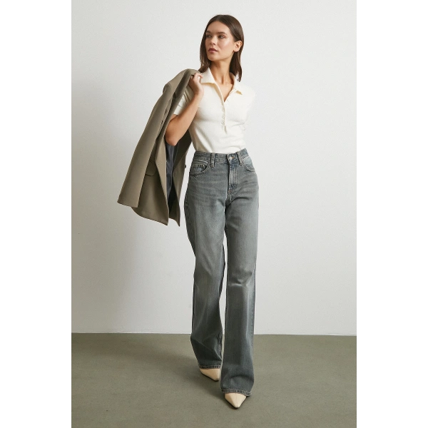 Beş Cepli Yüksek Bel Jean Füme