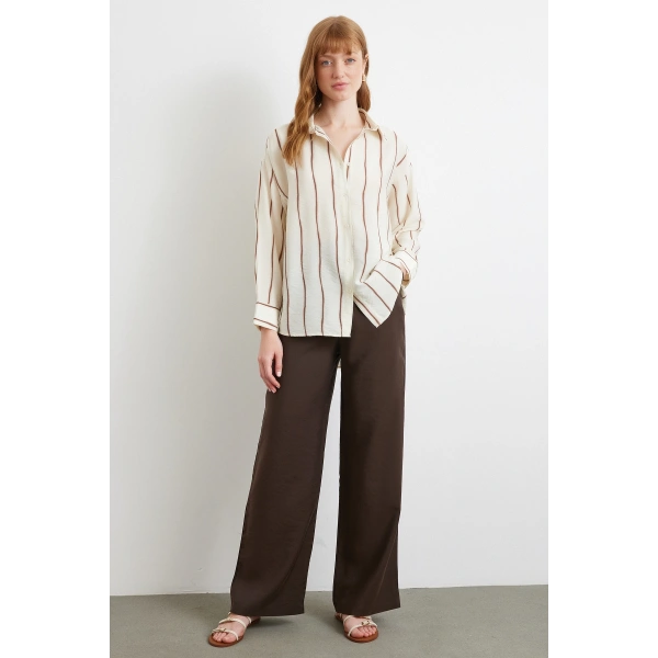 Çizgili Modal Gömlek Kahve