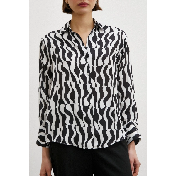 Siyah Baskılı Saten Gömlek Siyah