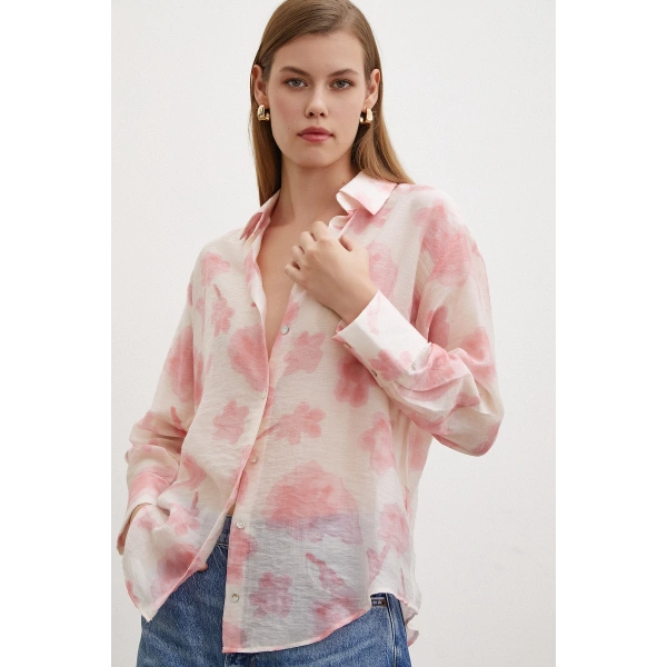 Organze Desenli Tül Gömlek Pembe