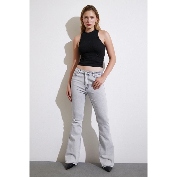 Yüksek Bel İspanyol Paça Jean Gri