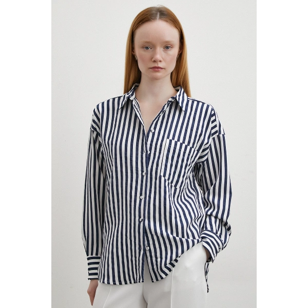 Multi Çizgili Cepli Gömlek Lacivert