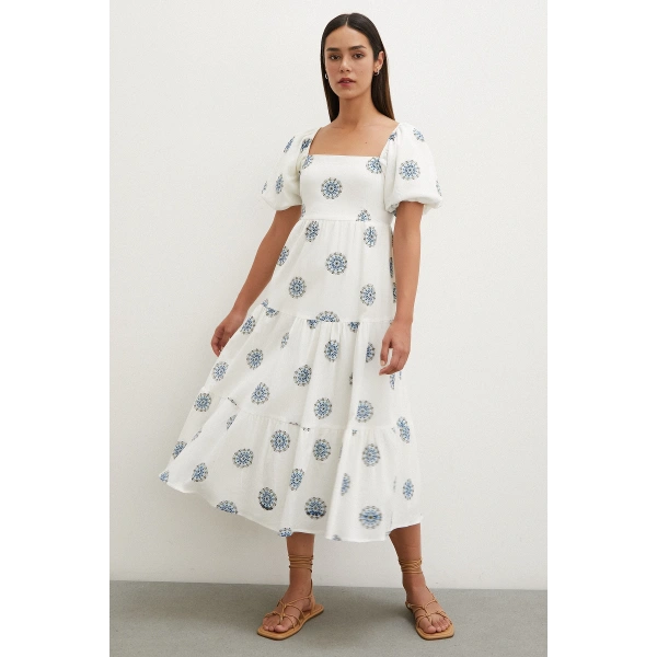 Sırtı Fiyonklu Keten Elbise Mavi