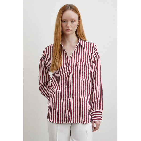 Multi Çizgili Cepli Gömlek Bordo