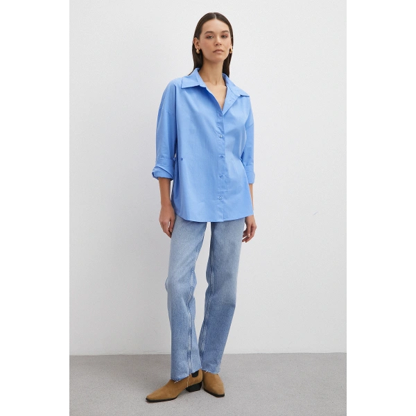 Düğme Detaylı Pamuklu Gömlek Mavi