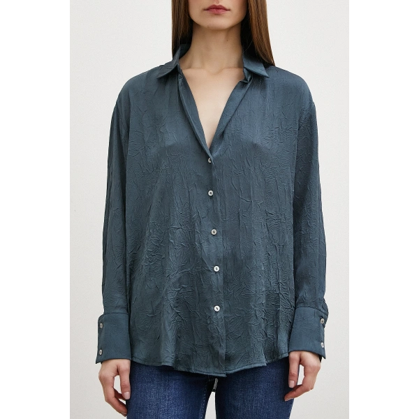 Kraşlı Saten Gömlek Petrol