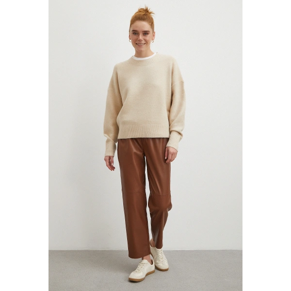 Bağcıklı Deri Pantolon Kahve