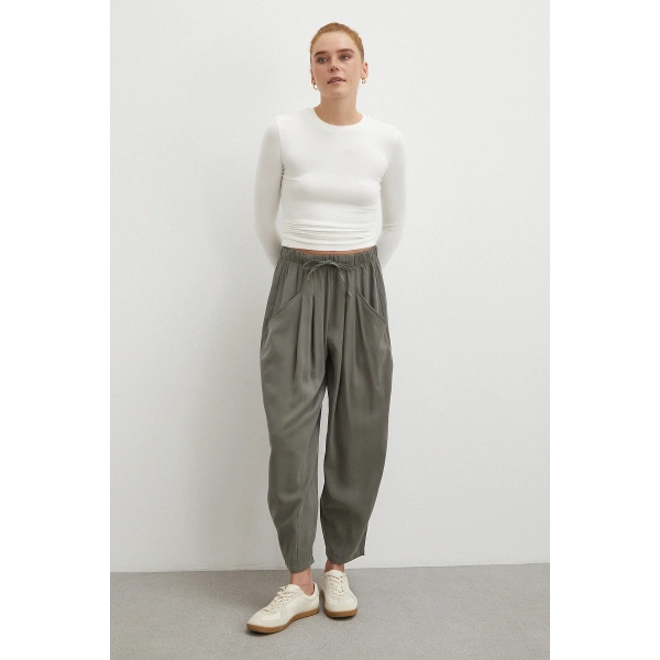 Bağcıklı Beli Lastikli Pileli Pantolon Haki